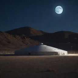 A mysterious and secure desert facility known as Area 51 at night, under a full moon with a UFO hovering above the base.