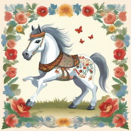 An illustration of the character Конёк-Горбунок, a magical humpbacked little horse from Russian folklore, depicted in a whimsical and enchanting style