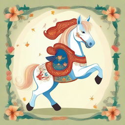 An illustration of the character Конёк-Горбунок, a magical humpbacked little horse from Russian folklore, depicted in a whimsical and enchanting style