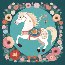 An illustration of the character Конёк-Горбунок, a magical humpbacked little horse from Russian folklore, depicted in a whimsical and enchanting style