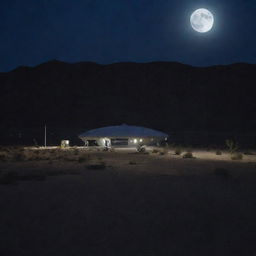 A mysterious and secure desert facility known as Area 51 at night, under a full moon with a UFO hovering above the base.