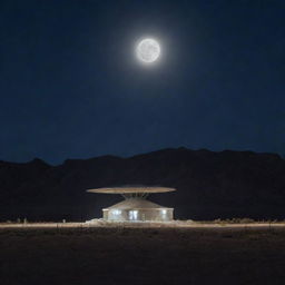 A mysterious and secure desert facility known as Area 51 at night, under a full moon with a UFO hovering above the base.