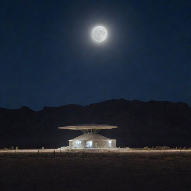 A mysterious and secure desert facility known as Area 51 at night, under a full moon with a UFO hovering above the base.