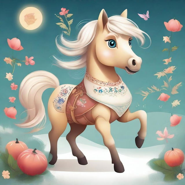 Create an illustration of Конёк-Горбунок, the magical humpbacked little horse from Russian folklore