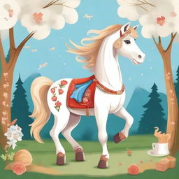 Create an illustration of Конёк-Горбунок, the magical humpbacked little horse from Russian folklore