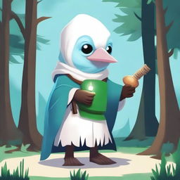 Create an image of an adorable albino kenku of tiny size with massive ice blue eyes