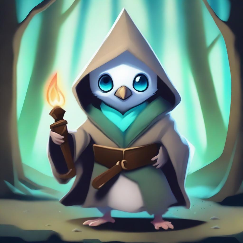 Create an image of an adorable albino kenku of tiny size with massive ice blue eyes