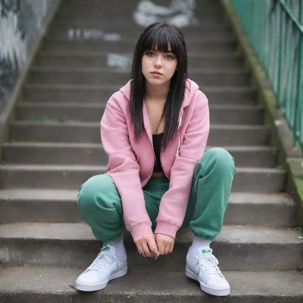 casual photograpy medium body, hip hop style clothes pink and black jacket, sneakers, female , 23 year old with green eyes and black long hai with withe streaks in the bangs .,freckles, selfo, graffiti background stairs, medium distance shot, 4k hd,  --styerw--v 5.2 ar 2-3