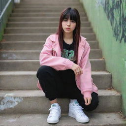 casual photograpy medium body, hip hop style clothes pink and black jacket, sneakers, female , 23 year old with green eyes and black long hai with withe streaks in the bangs .,freckles, selfo, graffiti background stairs, medium distance shot, 4k hd,  --styerw--v 5.2 ar 2-3