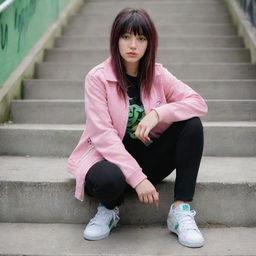 casual photograpy medium body, hip hop style clothes pink and black jacket, sneakers, female , 23 year old with green eyes and black long hai with withe streaks in the bangs .,freckles, selfo, graffiti background stairs, medium distance shot, 4k hd,  --styerw--v 5.2 ar 2-3