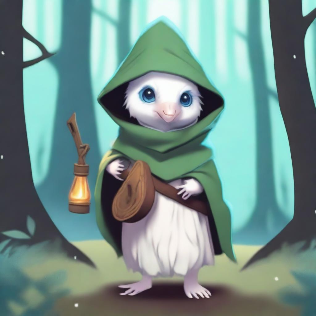 An adorable albino kenku of tiny size with massive ice blue eyes, dressed in a bard outfit