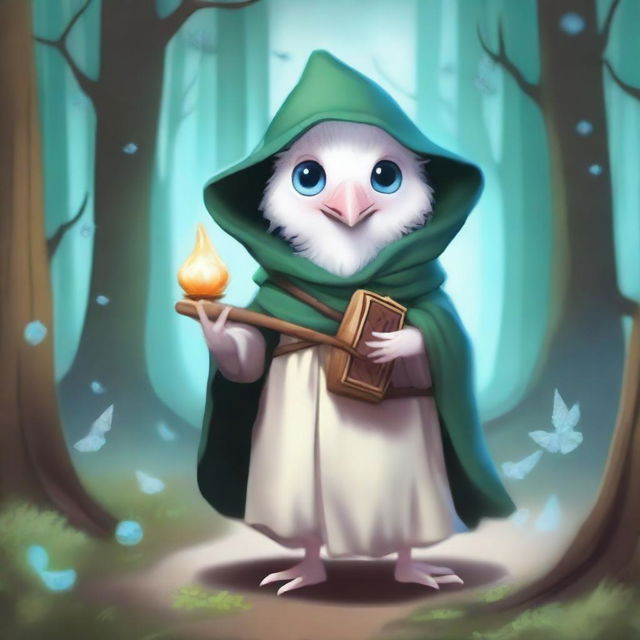 An adorable albino kenku of tiny size with massive ice blue eyes, dressed in a bard outfit