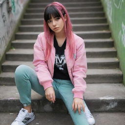 casual photograpy medium body, hip hop style clothes pink and black jacket, sneakers, female , 23 year old with green eyes and black long hai with withe streaks in the bangs .,freckles, selfo, graffiti background stairs, medium distance shot, 4k hd,  --styerw--v 5.2 ar 2-3