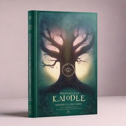 A captivating book cover featuring a mystical forest with towering ancient trees, bathed in the soft glow of twilight