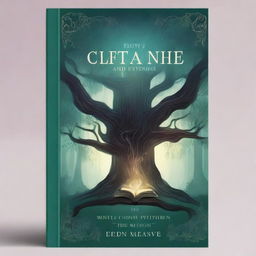 A captivating book cover featuring a mystical forest with towering ancient trees, bathed in the soft glow of twilight