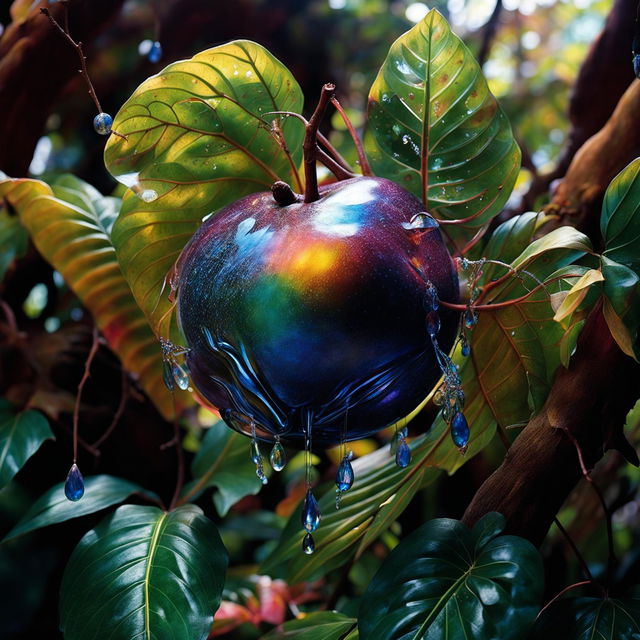 An enchanting jungle scene featuring the rarest fruit in the world, which has an iridescent, translucent surface and glows softly