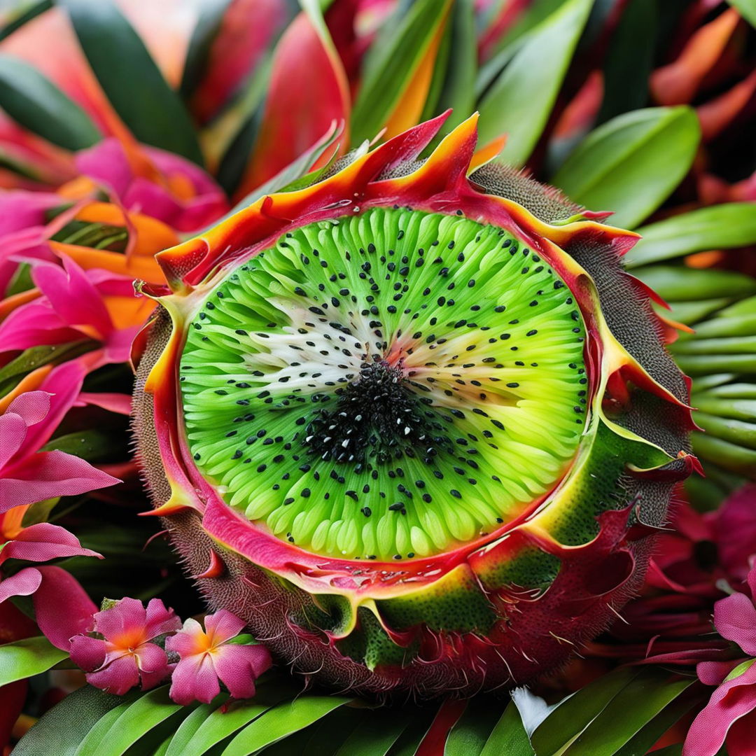 A tropical scene featuring a hybrid fruit combining the features of a kiwi and a dragonfruit