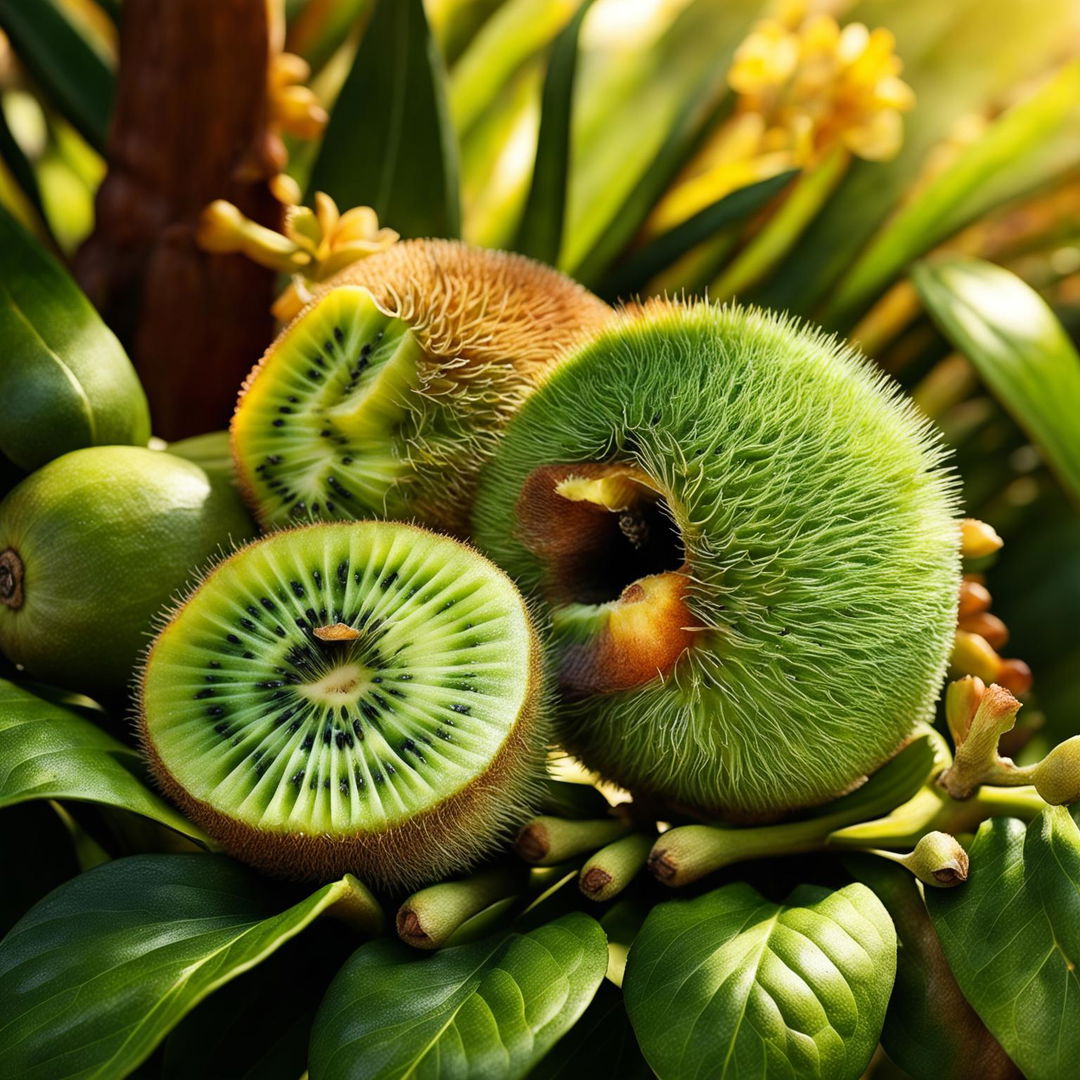 A tropical garden scene featuring a hybrid fruit combining the features of a kiwi and a banana