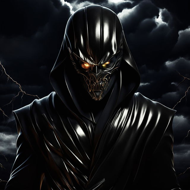 Create an image of a villain character named Melon with a dark, futuristic outfit, glowing eyes, and a menacing presence in a stormy night setting