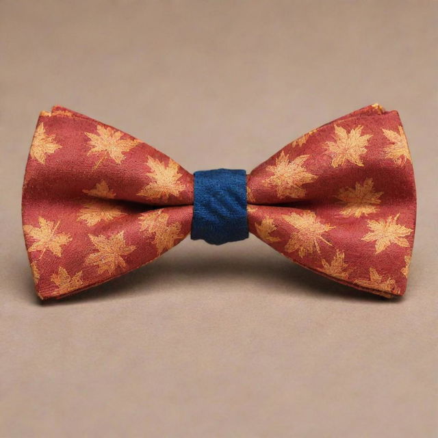 A beautifully crafted bow tie, intricately shaped to resemble a radiant maple leaf.