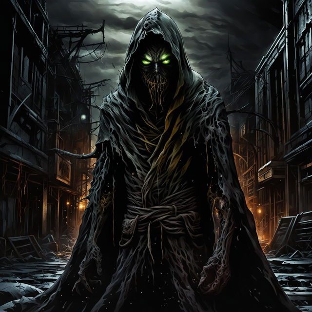 Create an image of a villain character named Banana with a dark cloak, glowing eyes, and a magical staff in an abandoned cityscape setting