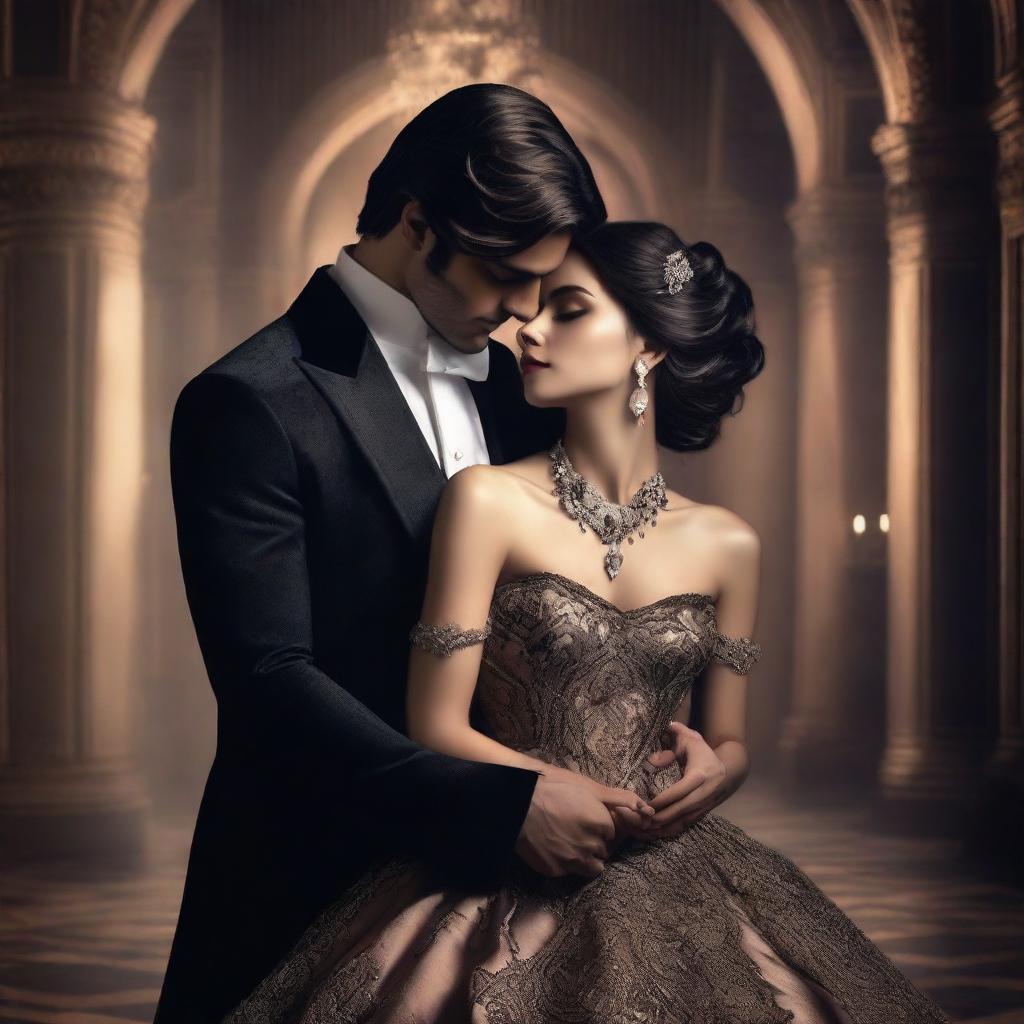 A dark romance book cover featuring an elegant and mysterious scene of an arranged marriage without any people