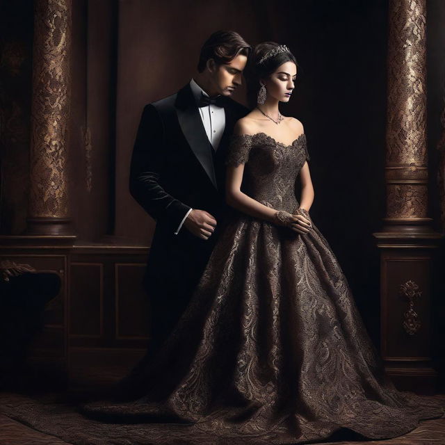 A dark romance book cover featuring an elegant and mysterious scene of an arranged marriage without any people