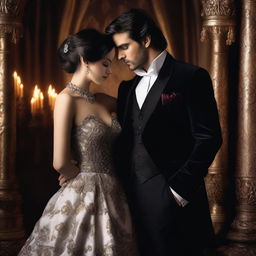 A dark romance book cover featuring an elegant and mysterious scene of an arranged marriage without any people