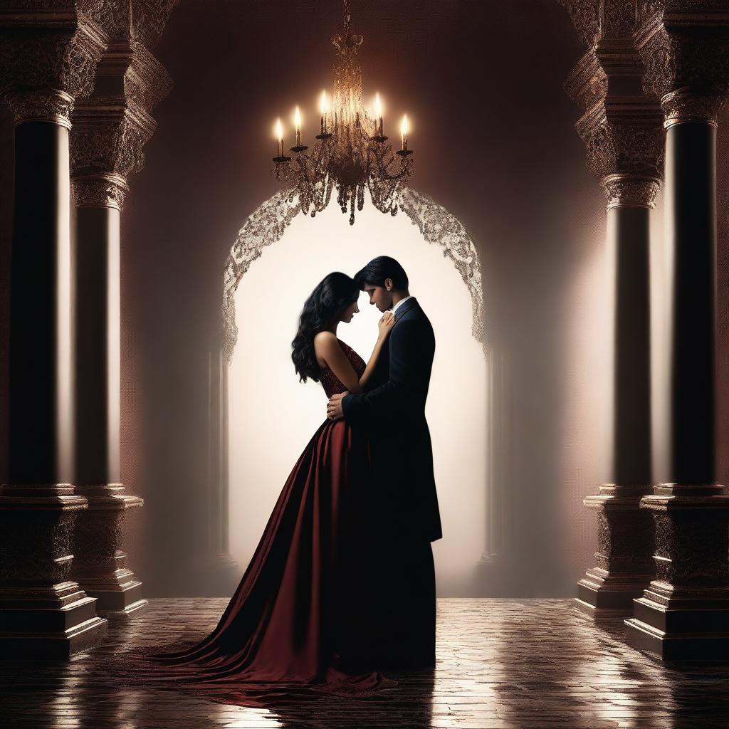 A dark romance book cover featuring an elegant and mysterious scene of an arranged marriage without any humans