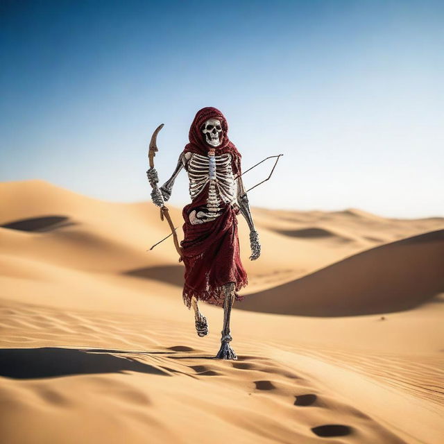 A skeleton dressed in Bedouin clothing is walking through the desert