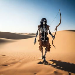 A skeleton dressed in Bedouin clothing is walking through the desert