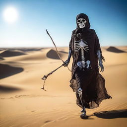 A skeleton dressed in Bedouin clothing is walking through the desert