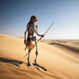 A skeleton dressed in Bedouin clothing is walking through the desert