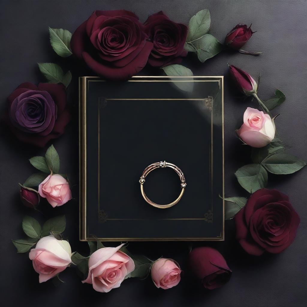 Create a dark romance book cover background featuring flowers and a ring in the middle