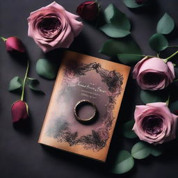 Create a dark romance book cover background featuring flowers and a ring in the middle