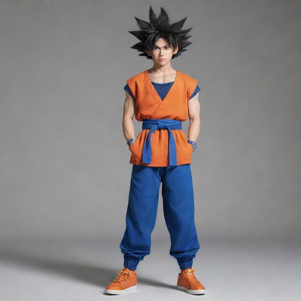 Anime character Goku from Dragon Ball, styled in modern, streetwear clothes, posing confidently.