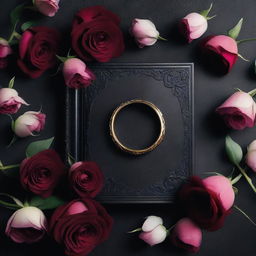 Create a dark romance book cover background featuring flowers and a ring in the middle