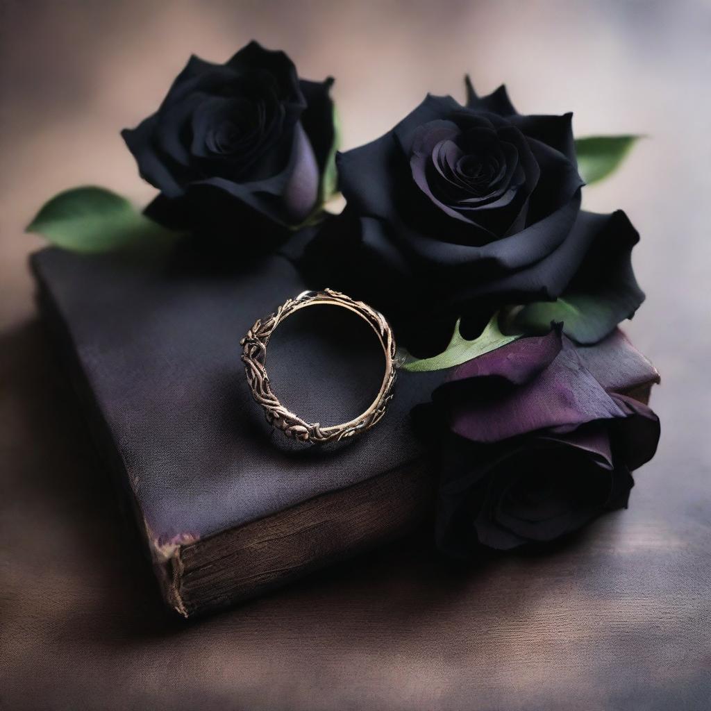 Create a dark romance book cover background featuring flowers and a ring in the middle