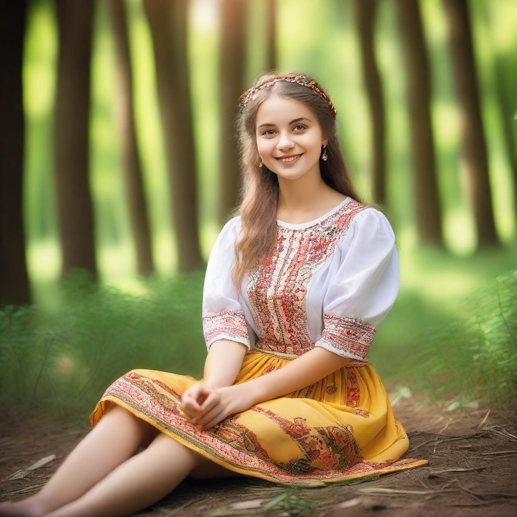 A beautiful, innocent young feminine Ukrainian girl is smiling and looking up while sitting in a forest