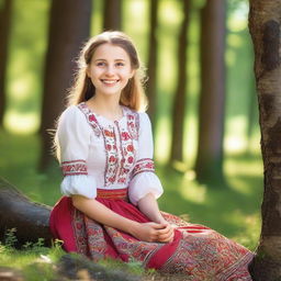 A beautiful, innocent young feminine Ukrainian girl is smiling and looking up while sitting in a forest