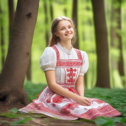 A beautiful, innocent young feminine Ukrainian girl is smiling and looking up while sitting in a forest