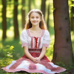 A beautiful, innocent young feminine Ukrainian girl is smiling and looking up while sitting in a forest