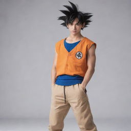 Anime character Goku from Dragon Ball, styled in modern, streetwear clothes, posing confidently.