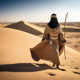 A person dressed in fully covered ancient Egyptian clothing is walking through the desert, holding a long bow