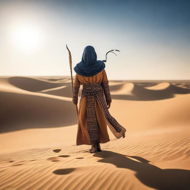 A person dressed in fully covered ancient Egyptian clothing is walking through the desert, holding a long bow