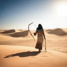 A person dressed in fully covered ancient Egyptian clothing is walking through the desert, holding a long bow