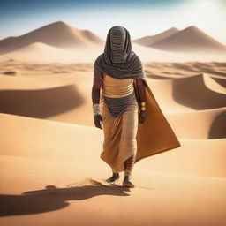 A person dressed in fully covered ancient Egyptian clothing is walking through the desert, holding a long bow