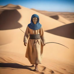 A person dressed in fully covered ancient Egyptian clothing is walking through the desert, holding a long bow