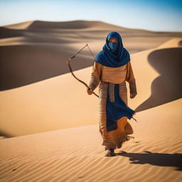 A person dressed in fully covered ancient Egyptian clothing is walking through the desert, holding a long bow