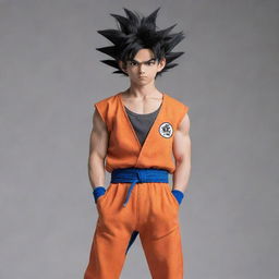 Anime character Goku from Dragon Ball, styled in modern, streetwear clothes, posing confidently.